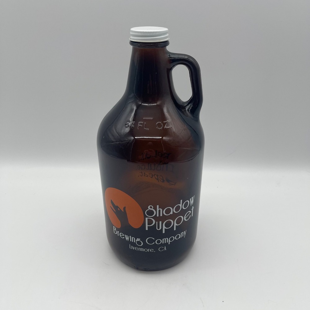 Shadow Puppet Brewing Company 64oz Amber Glass Beer Growler Livermore CA Logo